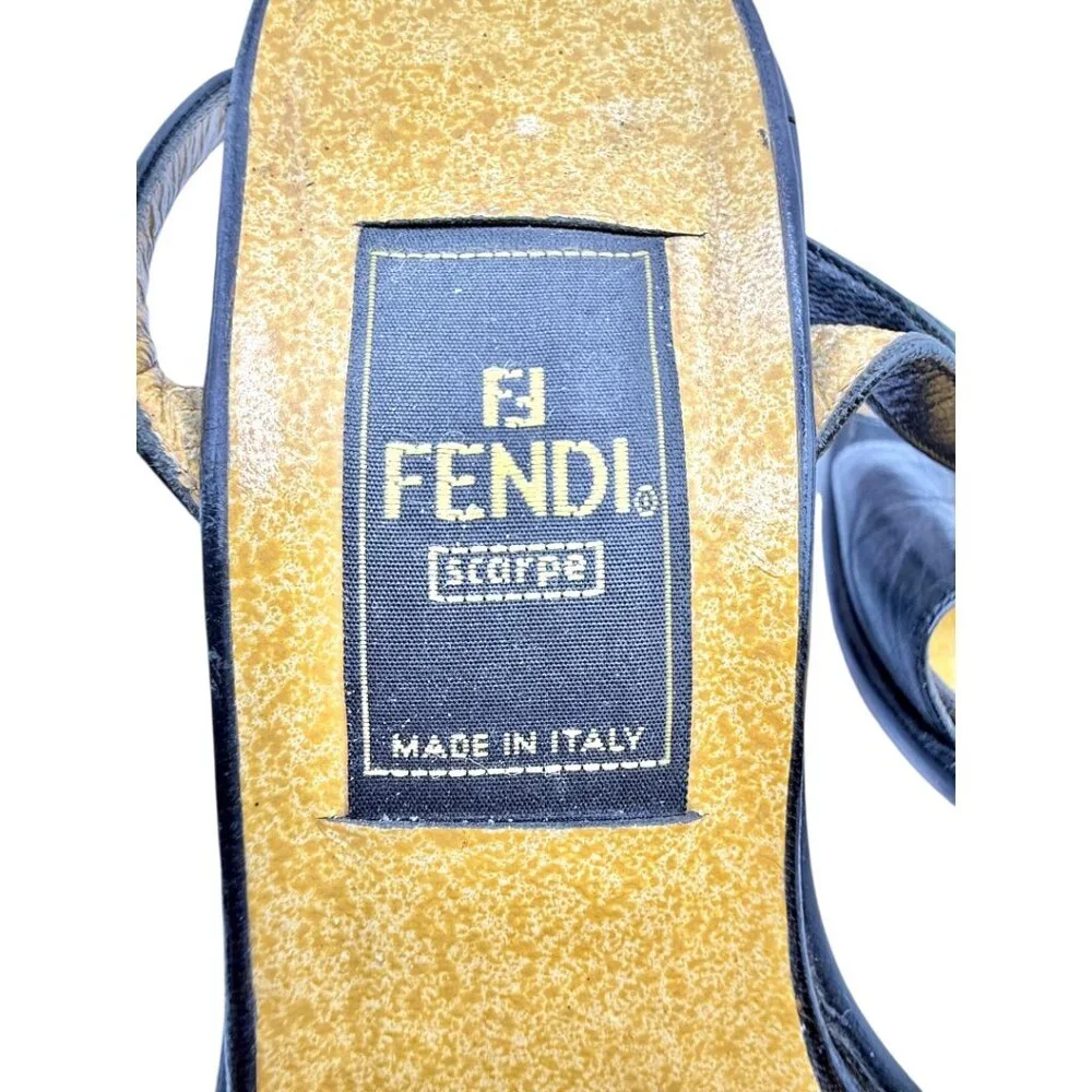 Fendi FF Logo Black Leather Ankle Strap Heels Sandals IT 36 Gold Silver Hardware - Picture 6 of 11